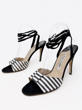 Manolo Blahnik Striped Bow Ankle Wrap Sandal Heels Womens Size EU 41